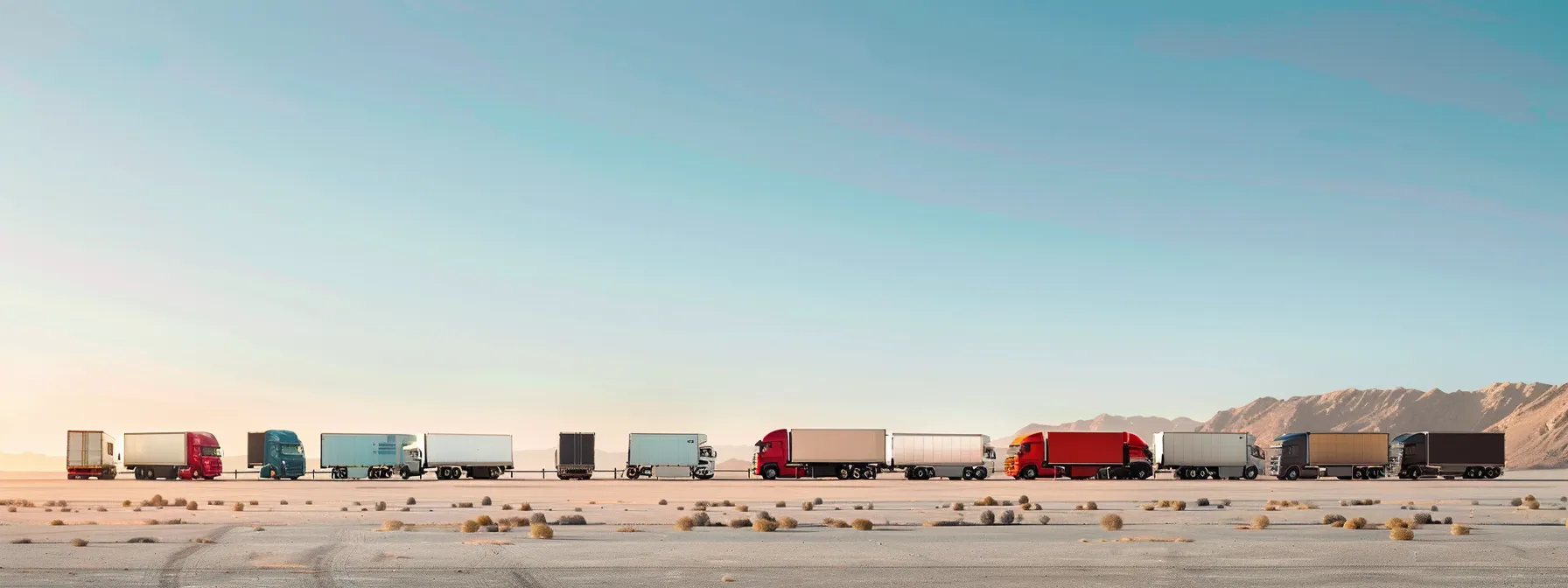 a lineup of diverse trailer trucks, including a flatbed, enclosed dry van, refrigerated, tanker, and unique cargo trailers, showcasing the versatility and specialized capabilities for different transportation needs.