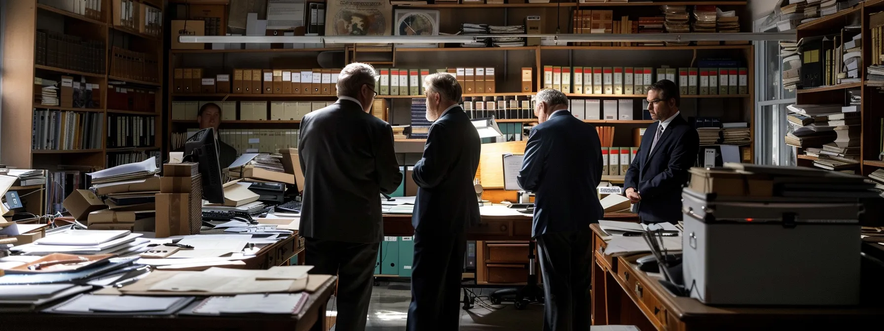 a group of focused lawyers conducting a detailed investigation in a cluttered evidence room.