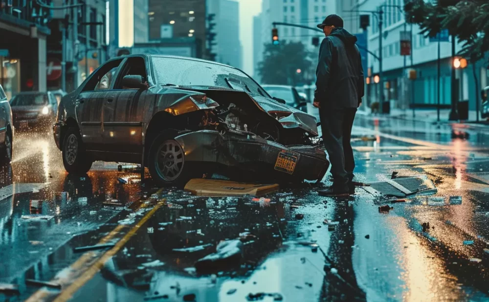 a lawyer meticulously studying a wrecked car on a rainy street.