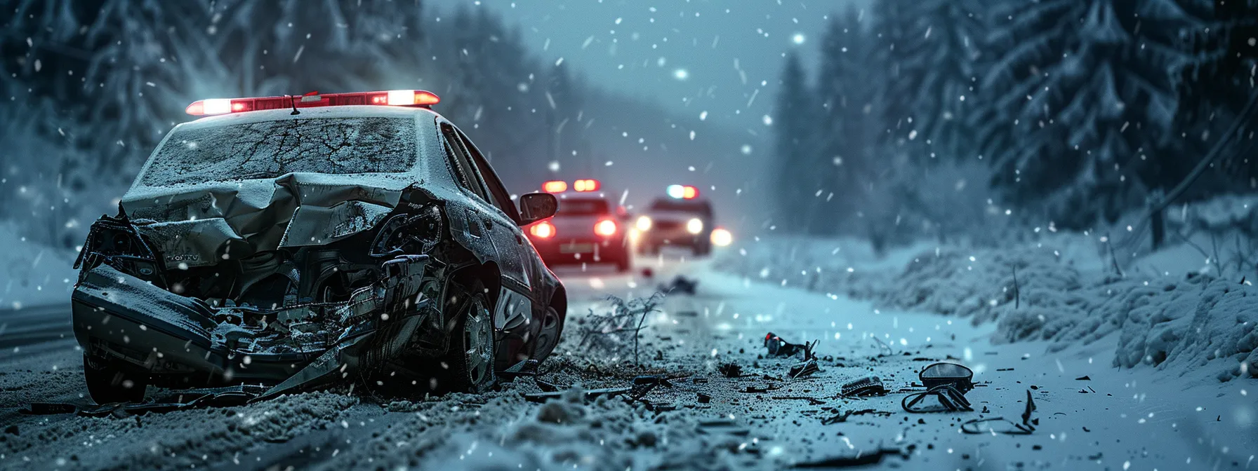 an image of a damaged car on a snowy road with emergency vehicles in the background, highlighting the importance of documenting the scene after a car accident.