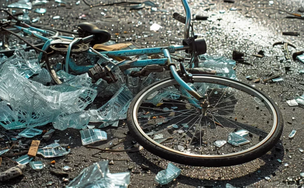 a mangled bicycle lying on the pavement, surrounded by shattered glass and twisted metal, after a serious wheeler accident.