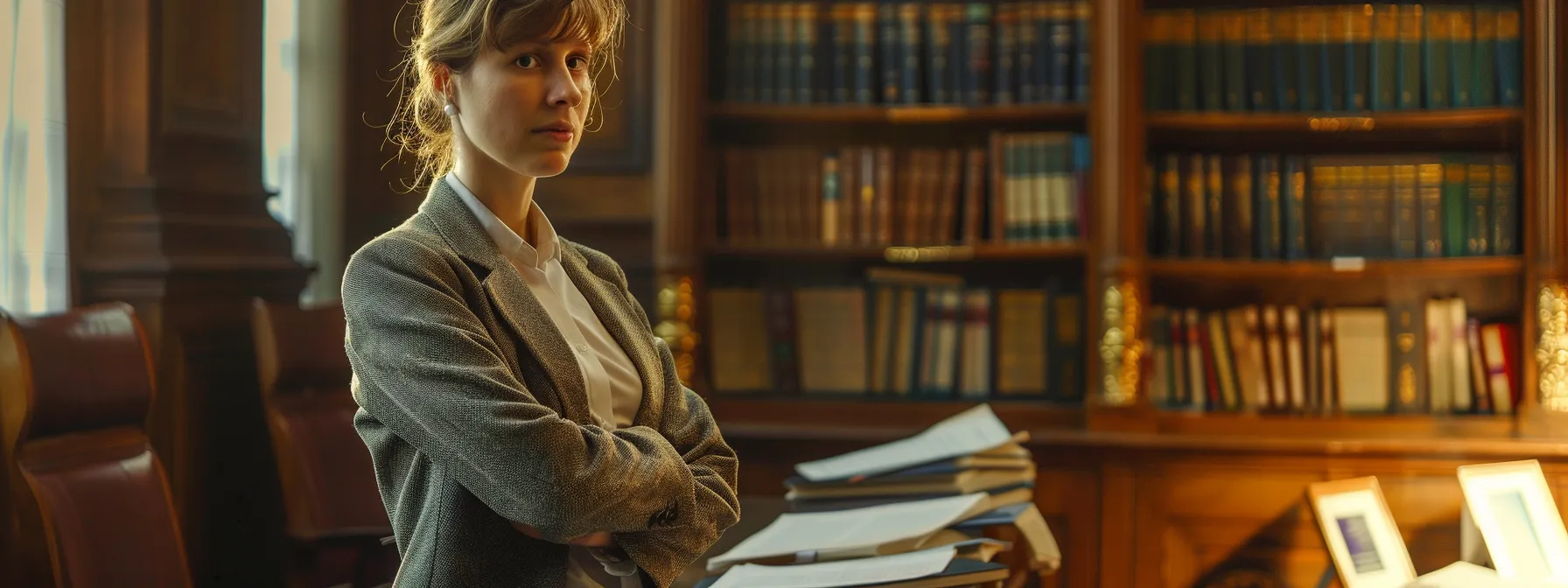 a determined attorney standing confidently in a courtroom, surrounded by paperwork and law books, ready to fight for maximum compensation for victims of truck wrecks.