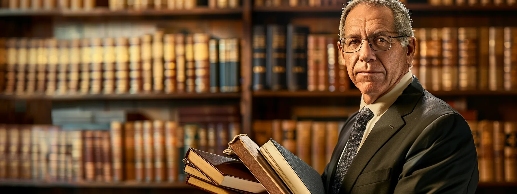 a focused attorney confidently presenting a stack of successful case files and credentials in a well-lit office setting.