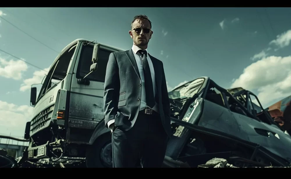 a determined lawyer stands in front of a mangled truck, ready to fight for justice.