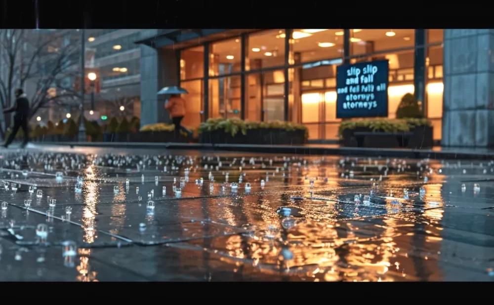 a person slipping on a wet sidewalk outside a corporate building, surrounded by concerned onlookers and a sign for "slip and fall attorneys" in the background.