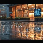 a person slipping on a wet sidewalk outside a corporate building, surrounded by concerned onlookers and a sign for "slip and fall attorneys" in the background.