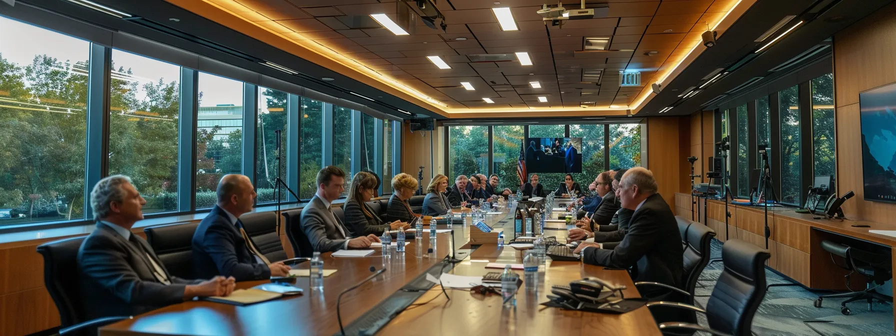 a towering truck wrecks settlement boardroom meeting, filled with determined lawyers and satisfied clients reviewing successful case outcomes.