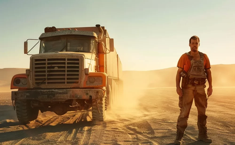 a rugged, sun-kissed truck driver confidently standing next to a massive, grungy truck in a dusty desert landscape.