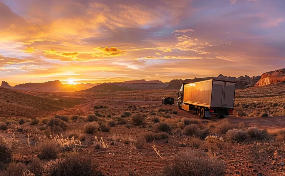 a massive, chrome-plated big rig truck driving through a rugged desert landscape at sunset.