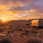 a massive, chrome-plated big rig truck driving through a rugged desert landscape at sunset.