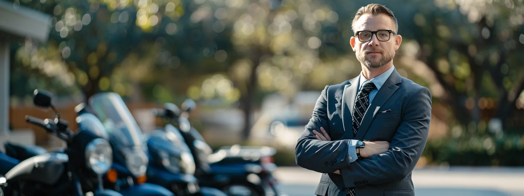 a confident accident lawyer in a sharp suit standing in front of a motorcycle, symbolizing expertise and experience in handling motorcycle accident cases.