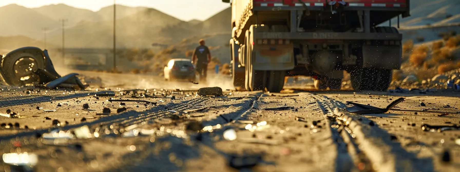 a truck accident scene with tire skid marks being documented meticulously for evidence.