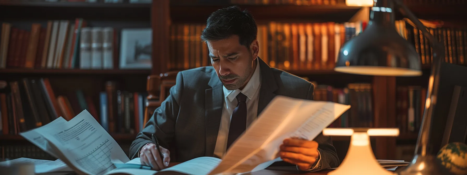 a focused lawyer studying legal documents and car accident reports in a dimly lit office, highlighting the intensity and commitment required in navigating intricate legal strategies post-accident.