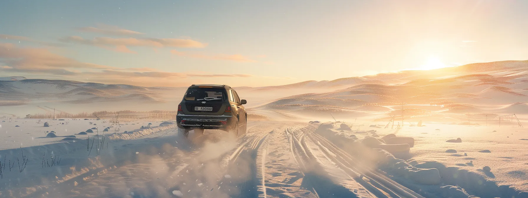 a car equipped with winter tires drives confidently through a snowy landscape, with clear visibility ensured by functional windshield wipers.