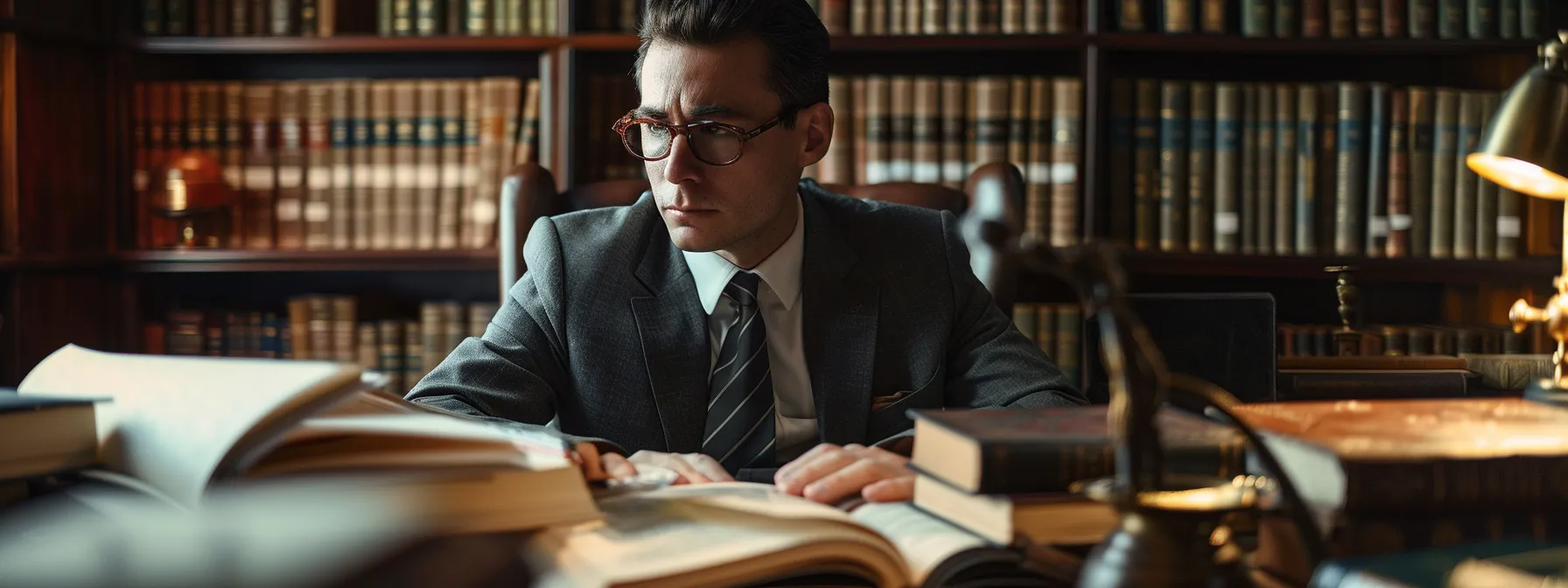 a focused, confident lawyer sitting at a desk with a thoughtful expression, surrounded by legal books and paperwork.