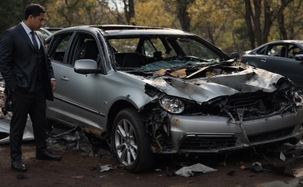 a determined lawyer inspecting the wreckage of a car crash, with debris scattered around a mangled vehicle.