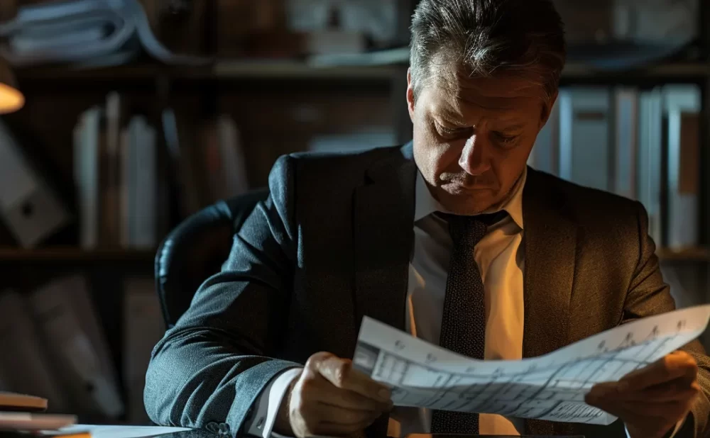 an intense scene of a determined truck accident lawyer reviewing evidence with a serious expression in a dimly lit office.