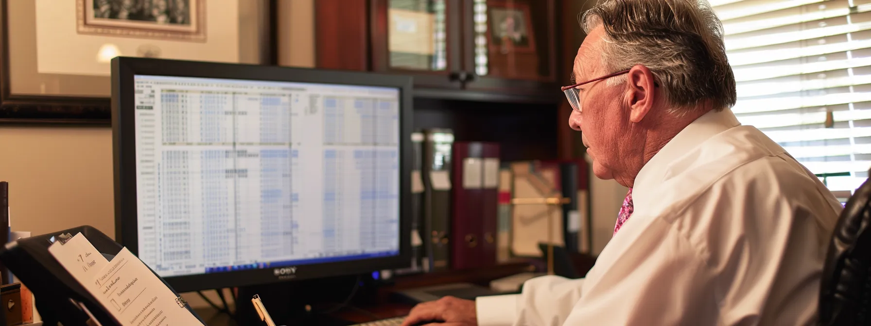 a passionate attorney meticulously reviewing extensive medical records and accident reports in a well-lit office, surrounded by legal documents and a computer screen displaying detailed financial calculations for maximum compensation in a georgia truck accident case.