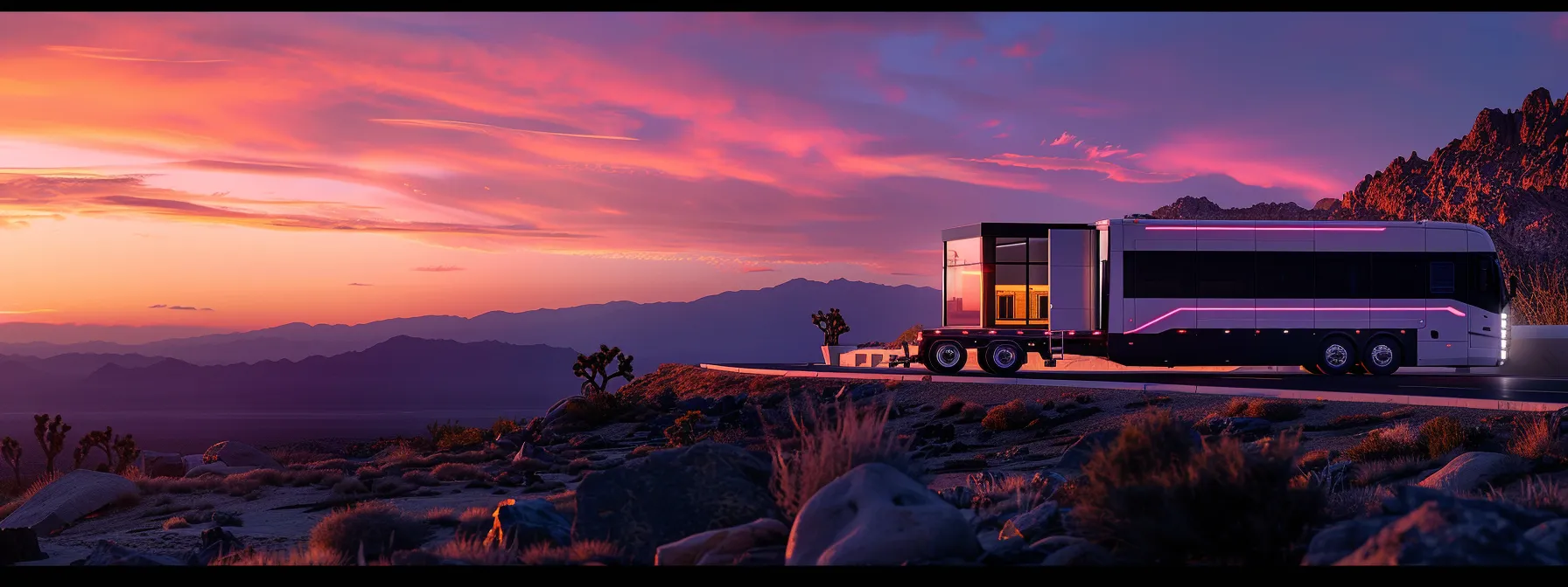 a sleek, high-tech trailer truck parked in front of a scenic california landscape, showcasing advanced safety features and connectivity enhancements.