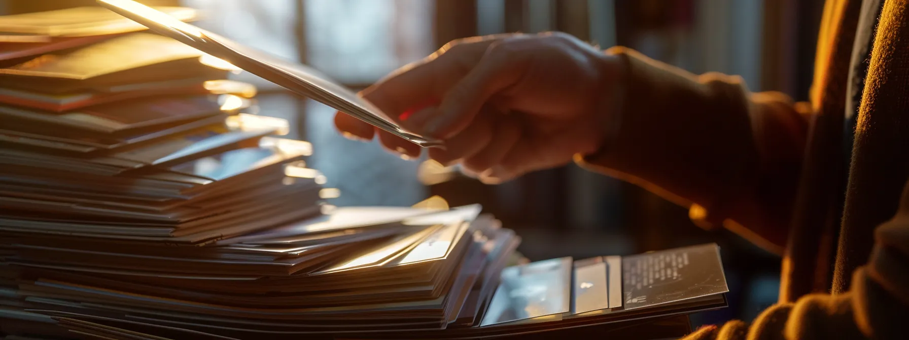 a determined individual flipping through a stack of professional business cards from top car wreck lawyers in new jersey and pennsylvania.