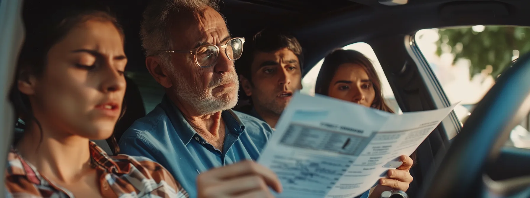 a group of passengers reviewing insurance paperwork, looking determined and focused on securing fair compensation after a car accident.