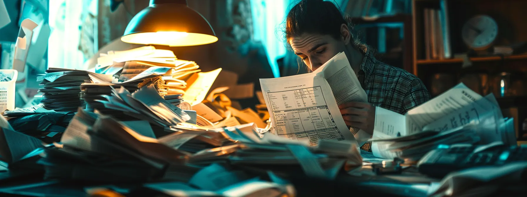 a person surrounded by paperwork and medical bills, with a concerned expression, highlighting the complexity of the car accident settlement timeline.