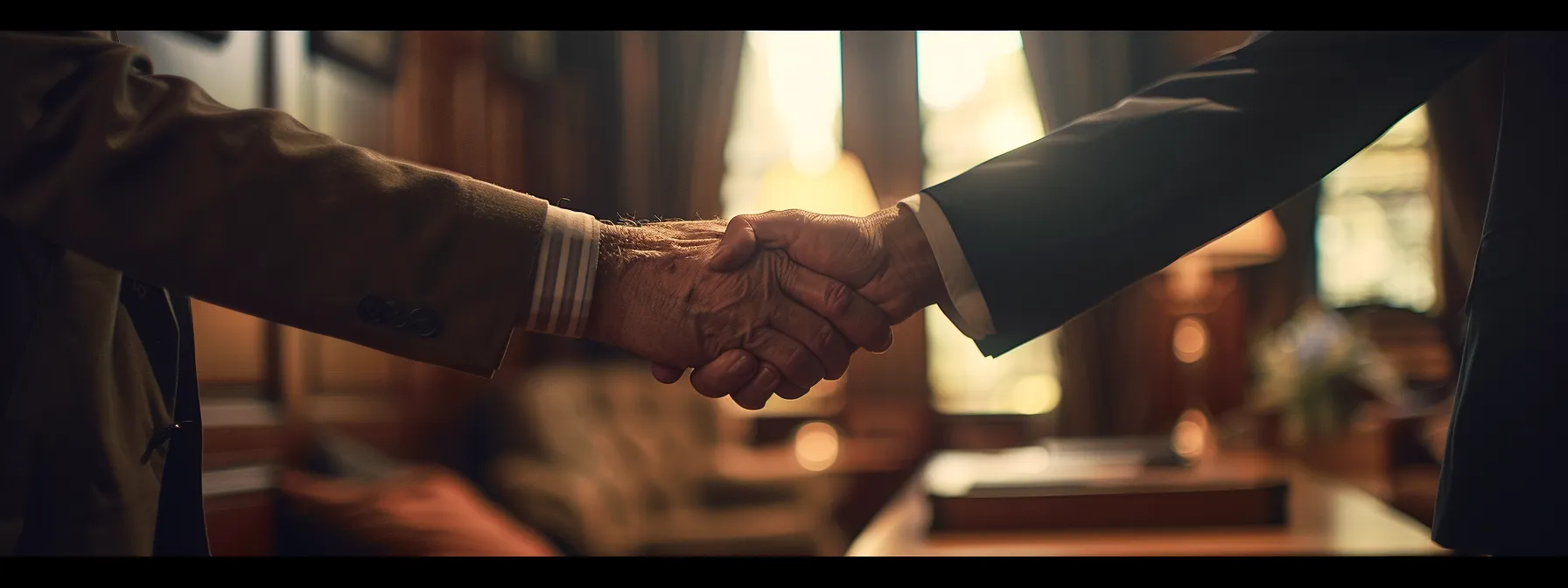 a powerful image of a compassionate accident lawyer holding hands with a client, conveying empathy and trust in a dimly lit office setting.