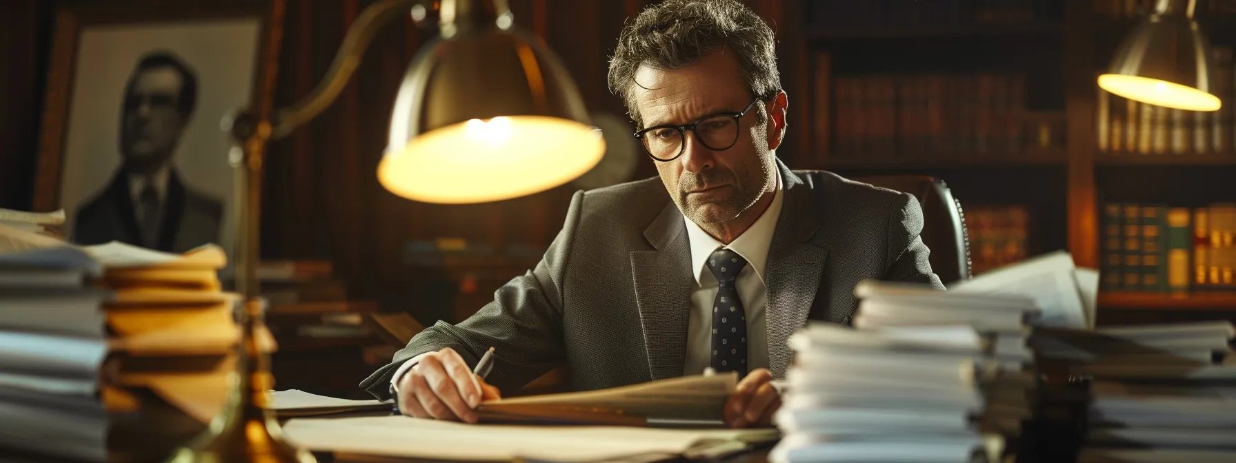 a determined lawyer confidently negotiates with insurance adjusters in a dimly lit office, surrounded by stacks of legal documents and a framed law degree hanging on the wall.