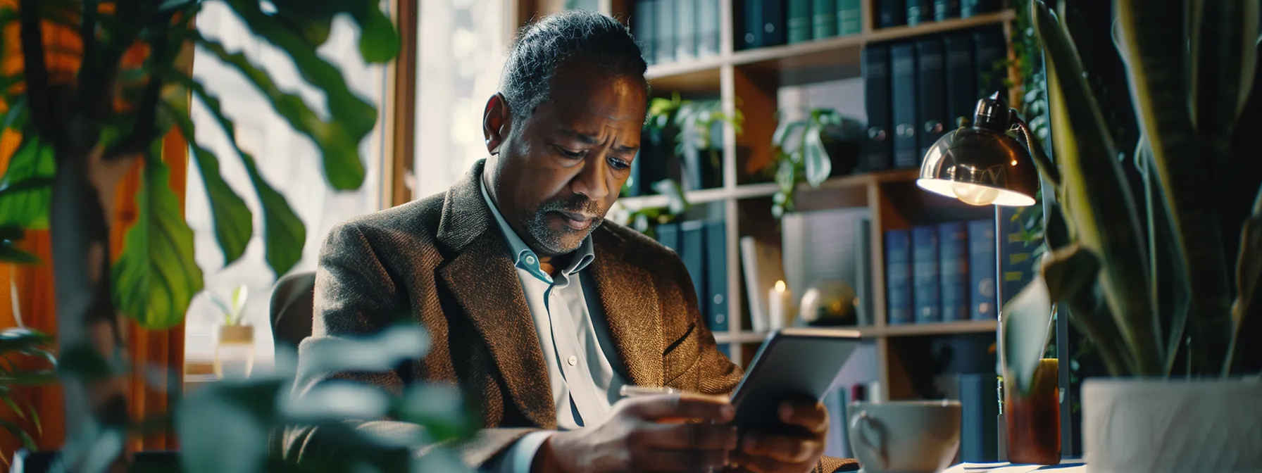 a person reviewing a list of top truck accident lawyers on their phone while sitting at a desk with a focused expression.