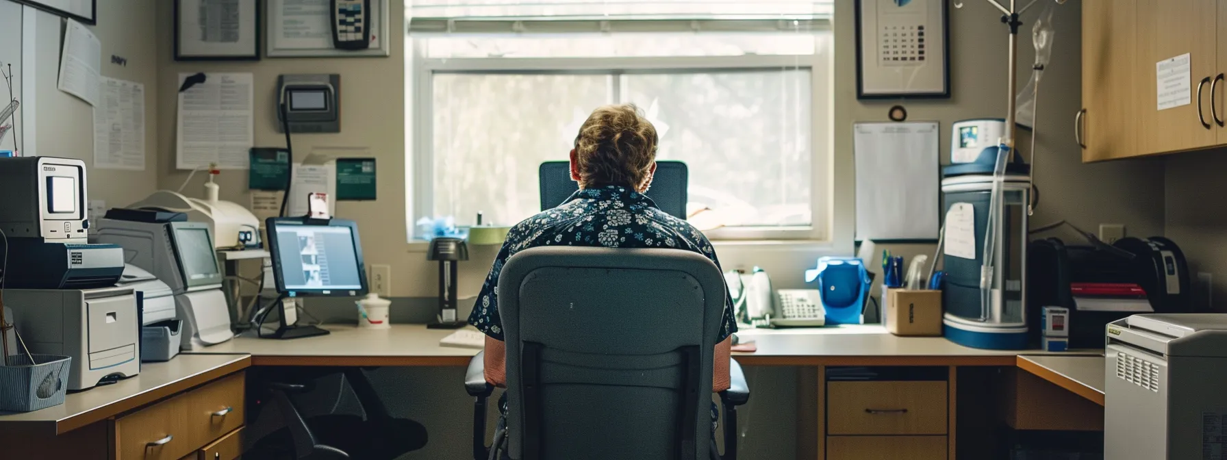 a person sitting in a doctor's office, with a concerned expression, surrounded by medical equipment and paperwork, highlighting the importance of prompt medical evaluation after a wheeler accident.