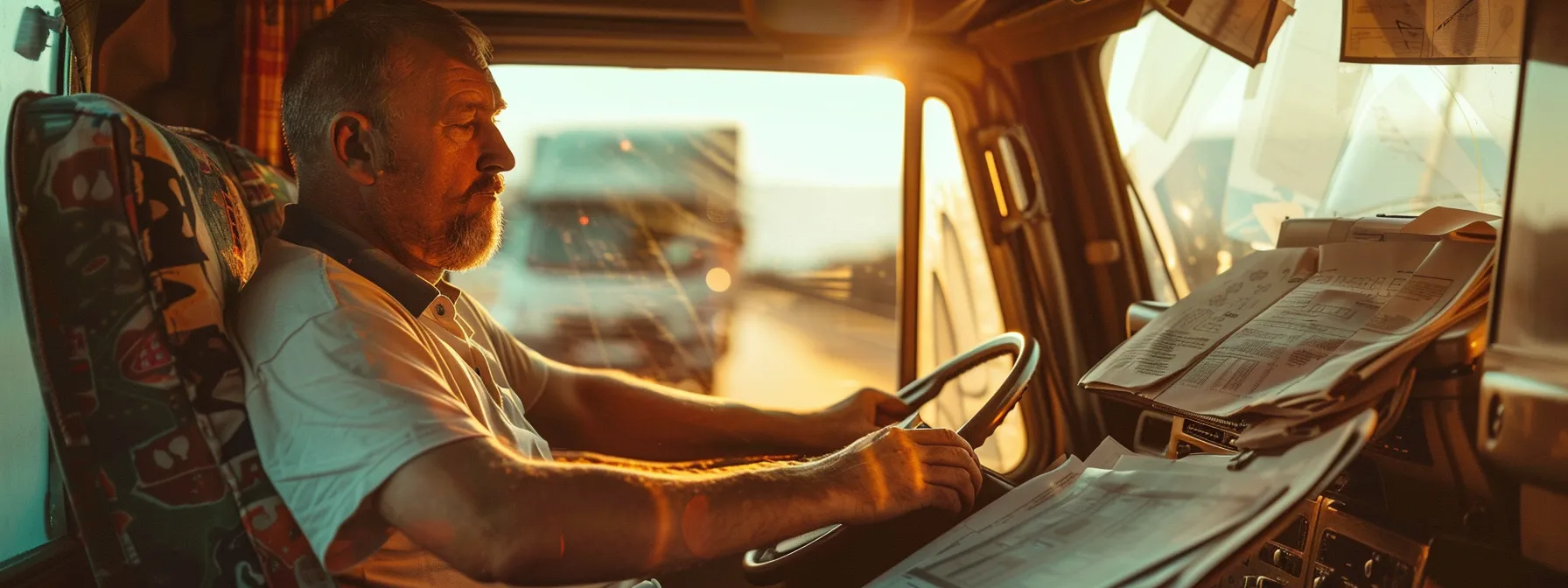 a truck driver sitting behind the wheel, surrounded by paperwork, maps, and a logbook, with a concerned expression on their face, highlighting the scrutiny of hours of service regulations in commercial truck accidents.