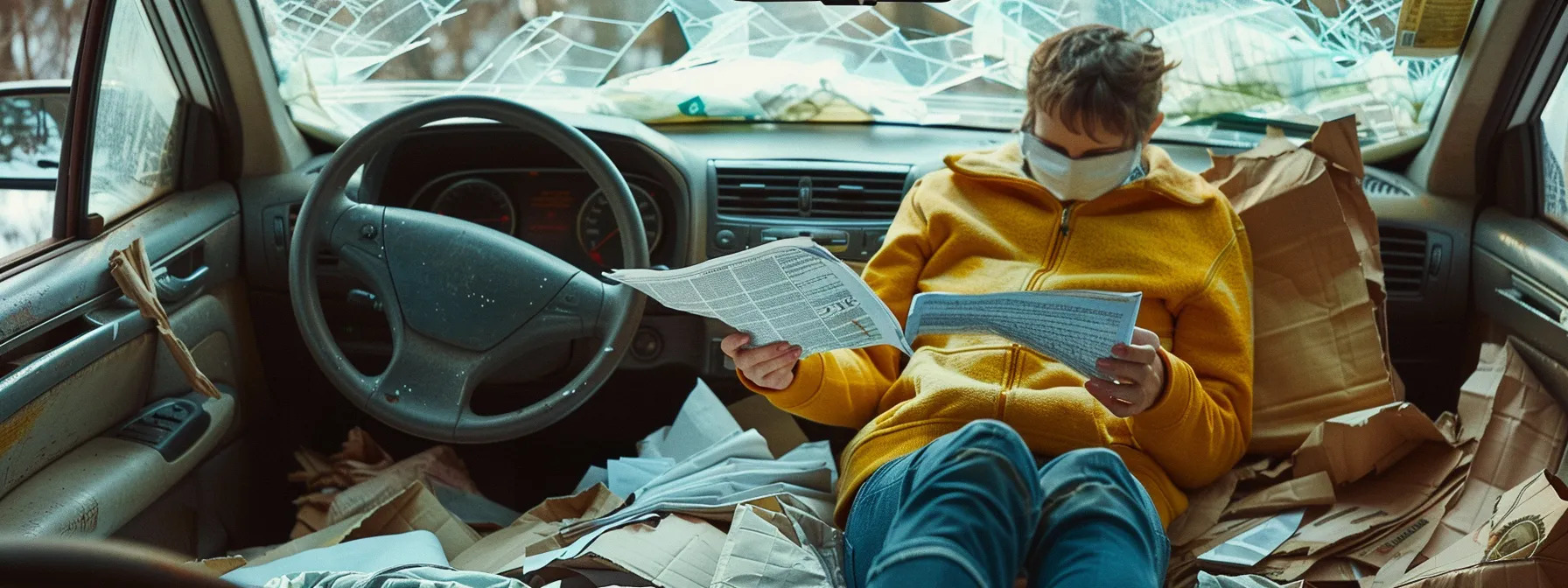 a person sitting with a crumpled car, surrounded by medical bills, lost wages documents, and a broken seat belt, highlighting the complex process of calculating compensation for auto injuries.