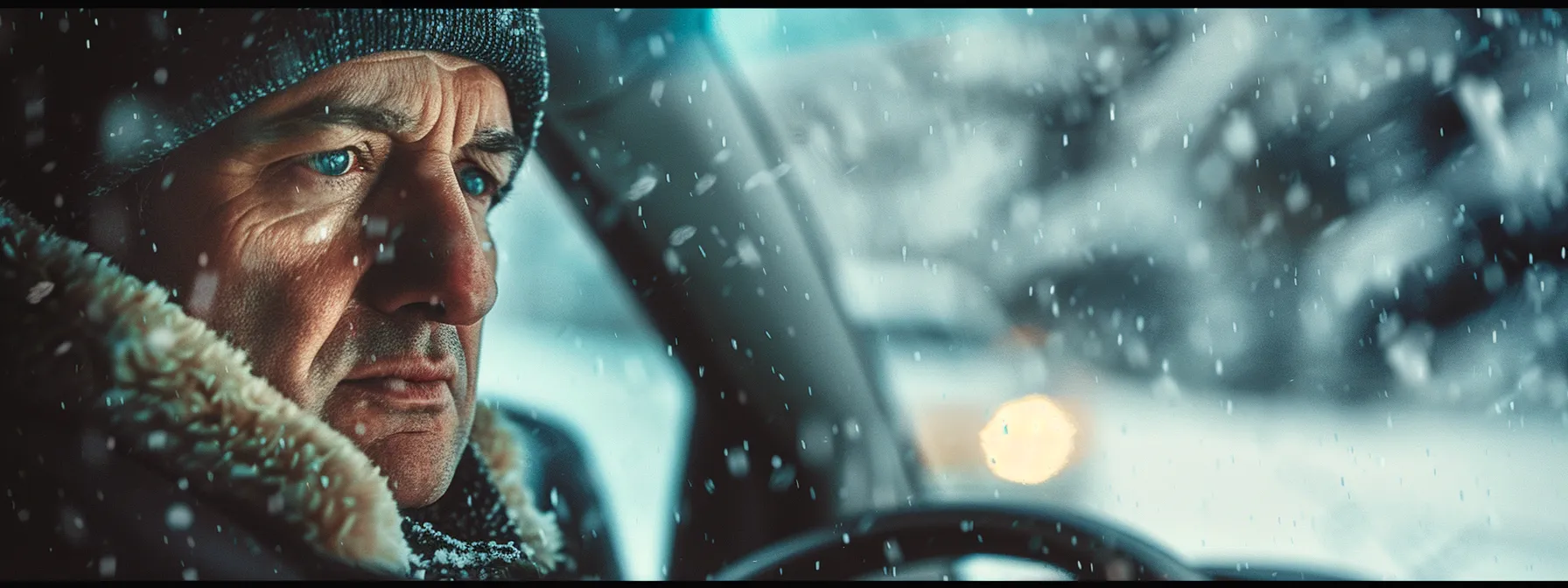 a driver focused intently on the road ahead, with snow falling gently outside the car window, underlining the importance of staying alert in hazardous conditions to prevent accidents.