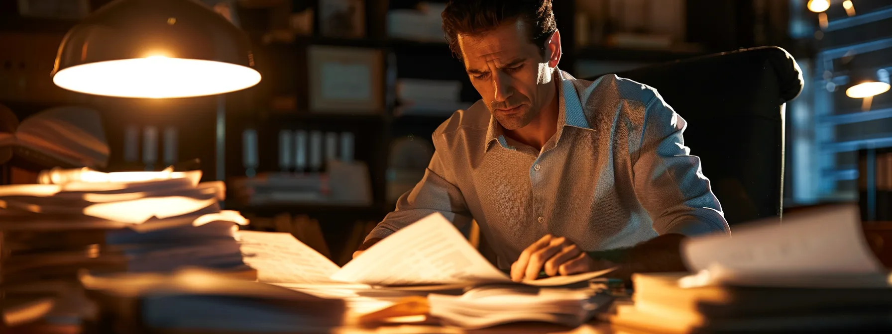 a lawyer reviewing stacks of intricate federal regulations and insurance documents in a dimly lit office.