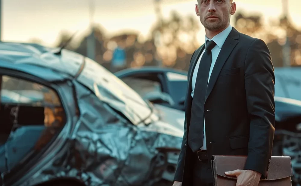 a determined accident lawyer standing confidently in front of a shattered car, holding a briefcase and looking straight at the camera.