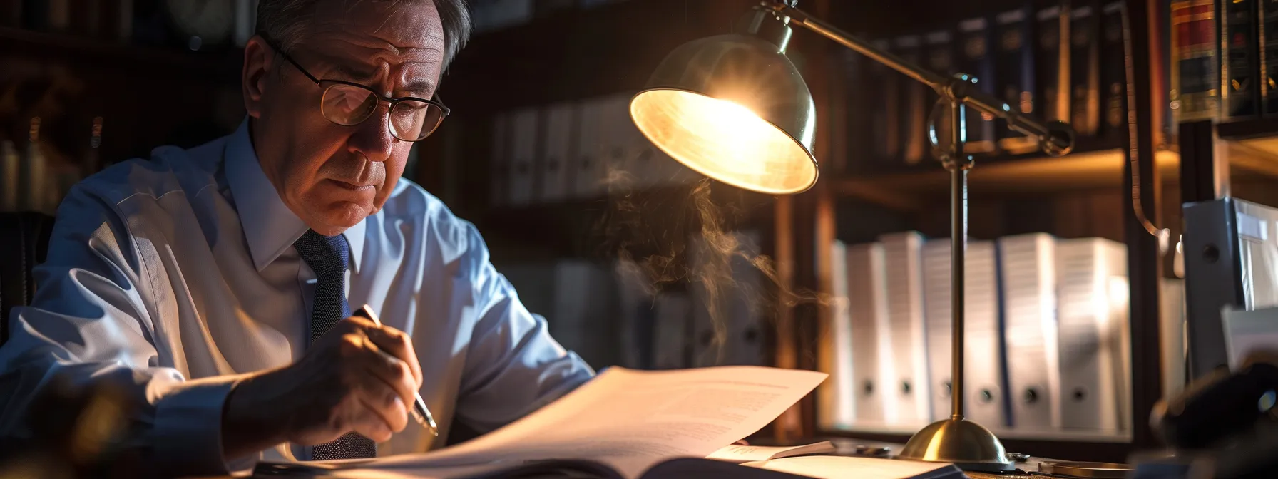 a focused attorney studying a detailed legal case file in a dimly lit office.