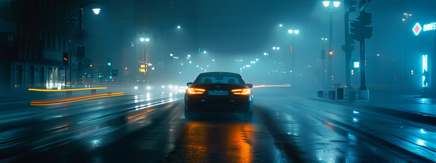 a well-lit car driving through foggy conditions, with all lights and signals properly engaged to enhance visibility and prevent collisions.