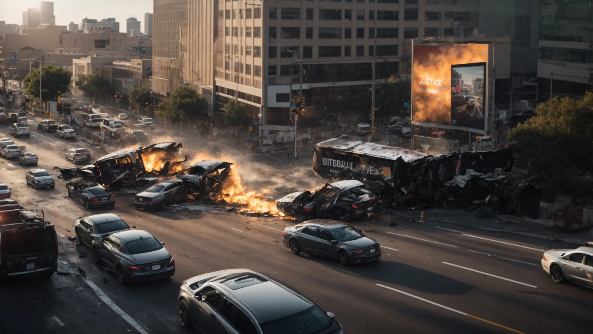 a billboard featuring a dramatic car crash with the caption 