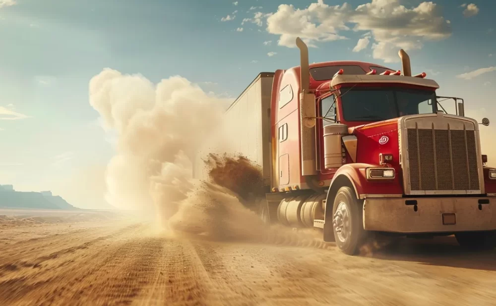 a massive red trailer truck roaring down a dusty desert highway.