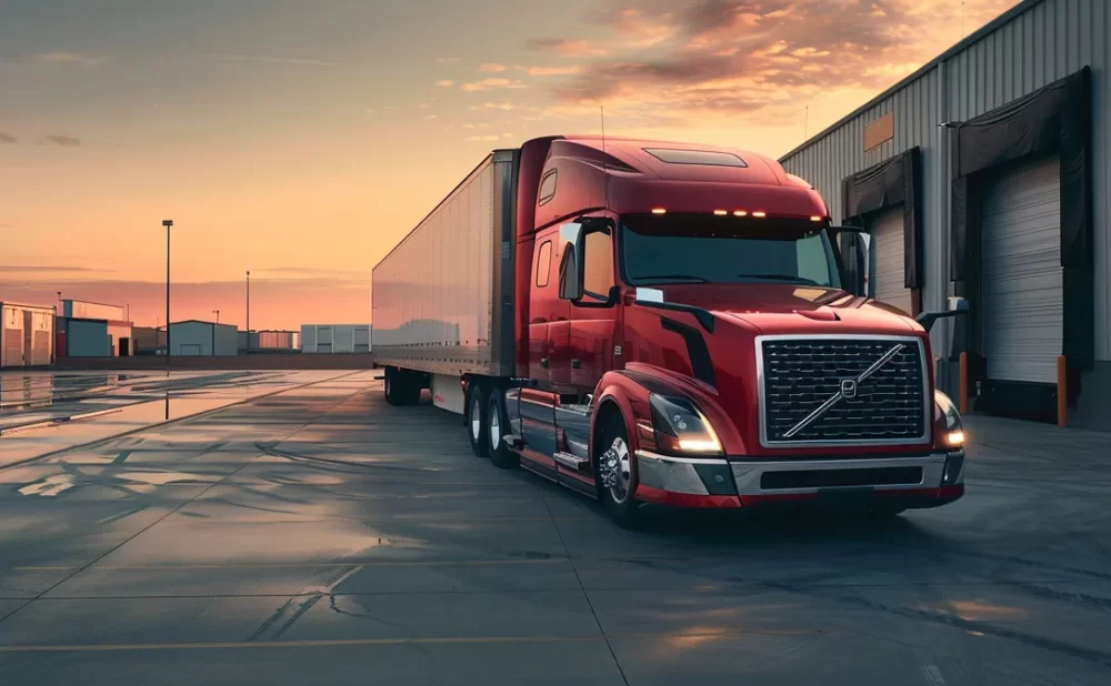 a massive red commercial truck with a shiny chrome grille parked in an empty industrial parking lot.