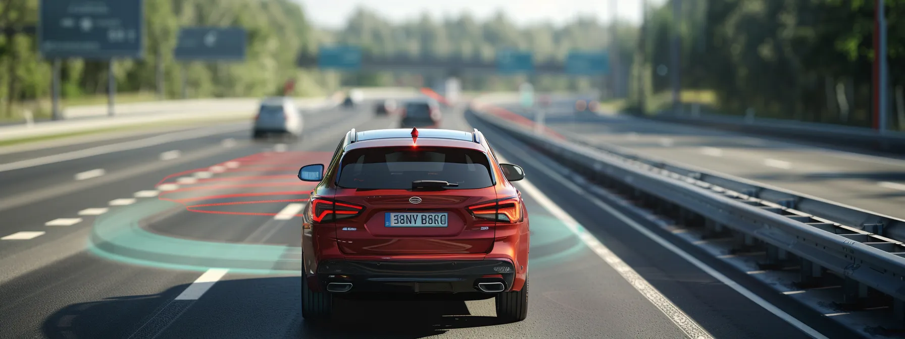 a car maintaining a safe distance behind another vehicle on a busy highway, with clear road markings and visible traffic ahead.