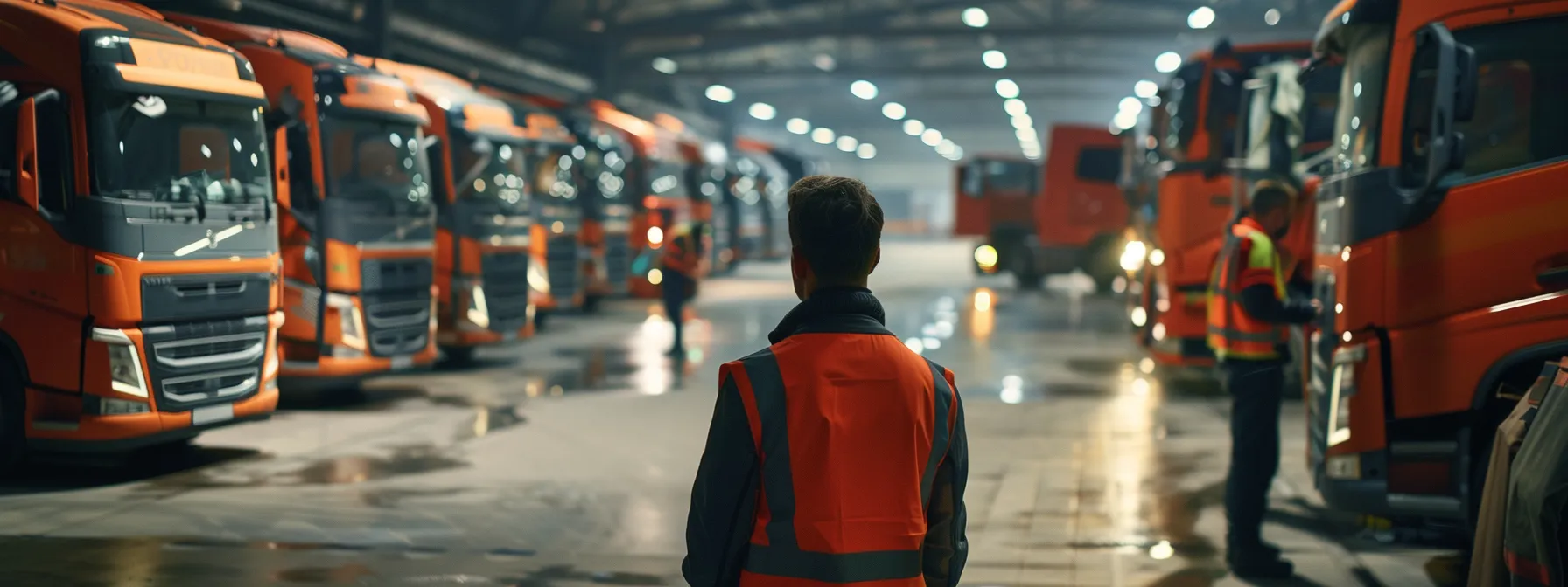 a group of employees in reflective safety vests inspecting a fleet of trucks in a spacious, well-organized warehouse.