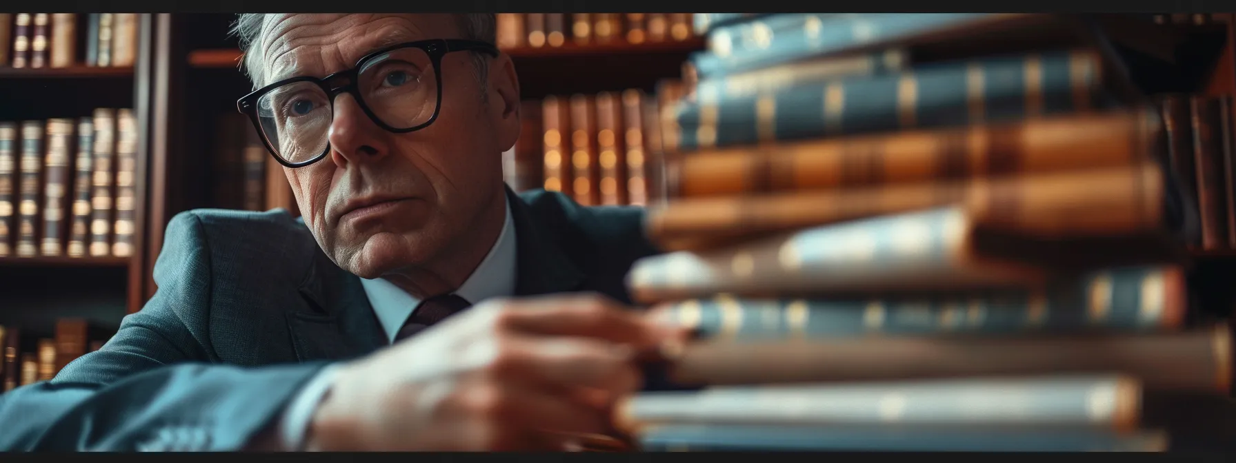 a focused insurance attorney with a stack of complex insurance law books, highlighting expertise and experience in the field.