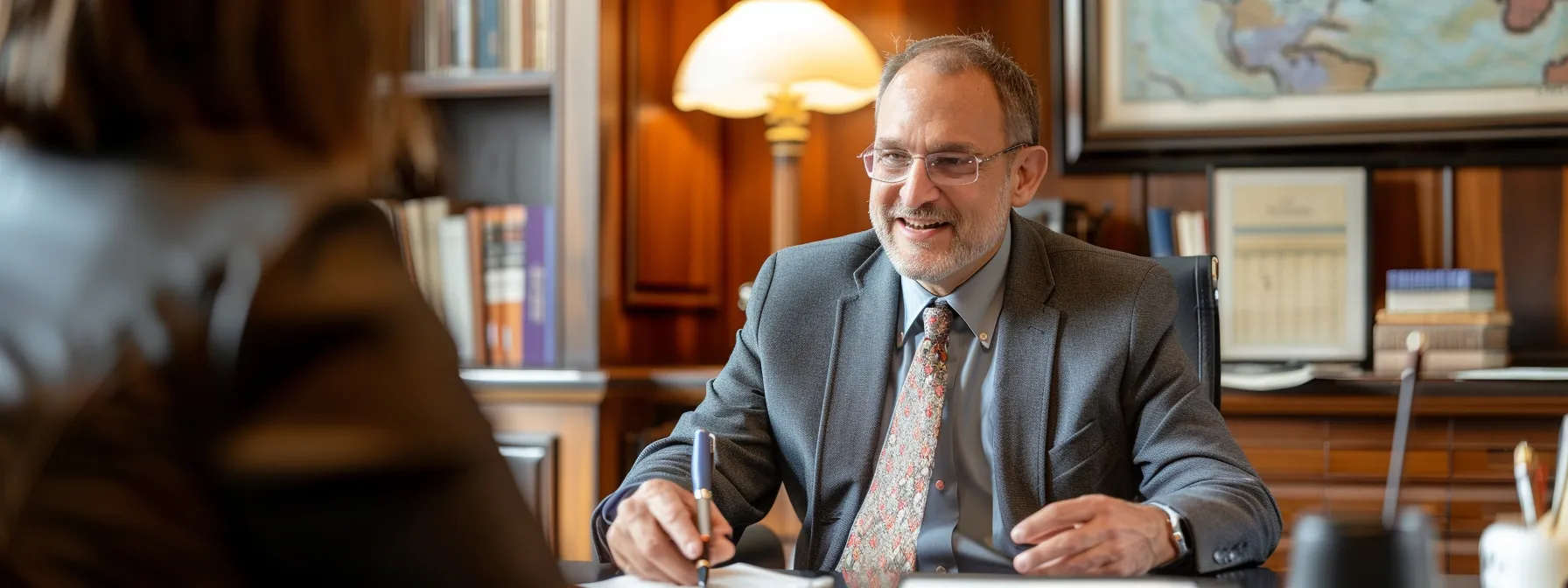 a focused attorney with a confident demeanor discussing case details with a client in a well-appointed office.