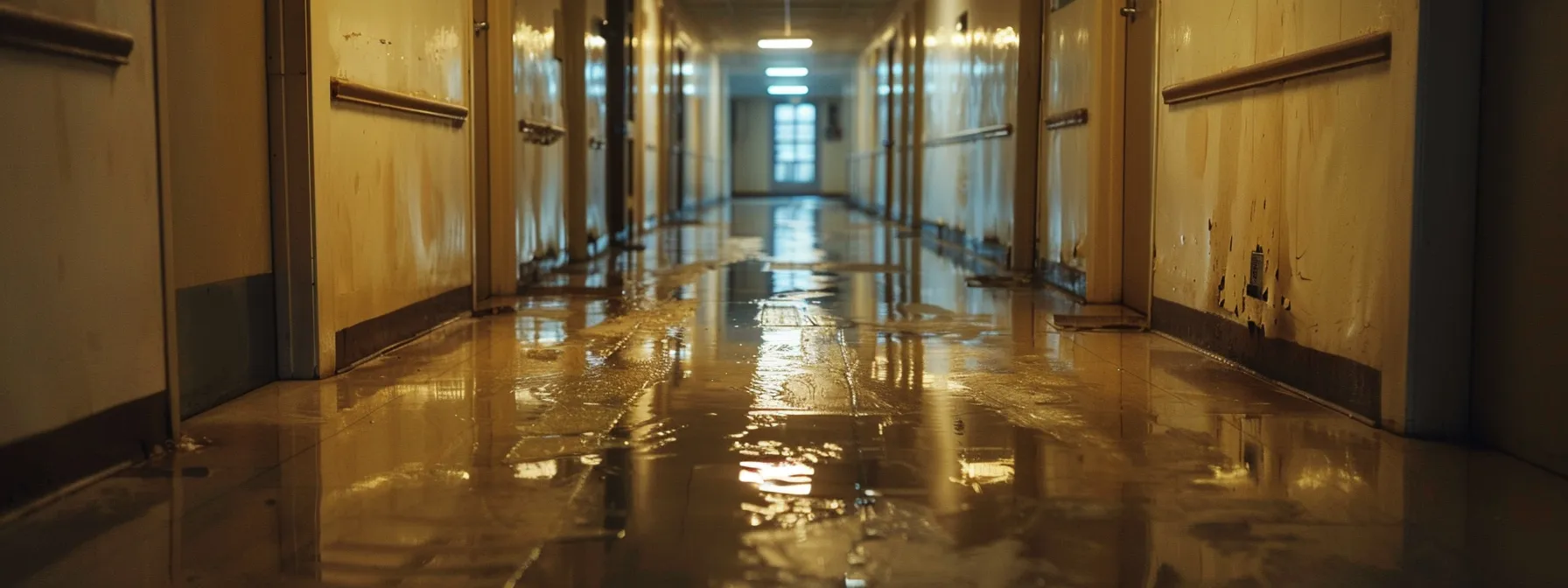 a dimly lit hallway in a dilapidated nursing facility, with a wet and slippery floor, highlighting the high risk of slip and fall accidents in such settings.