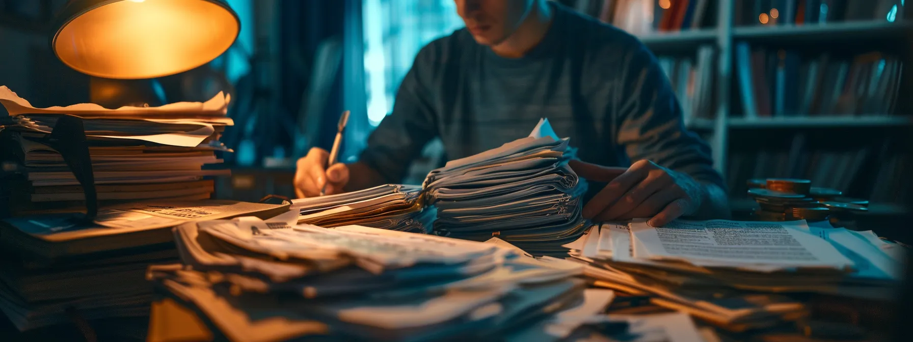 a person surrounded by a stack of detailed documents and photos, preparing diligently for a consultation with a collision attorney after a truck accident.