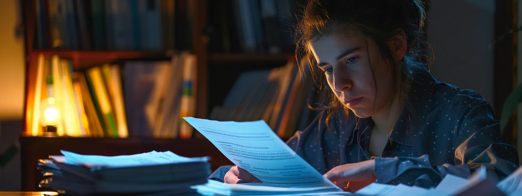 a person carefully reviewing documents with a determined expression, surrounded by a stack of legal papers and a calculator, symbolizing the importance of understanding legal fees and payment options after an accident.