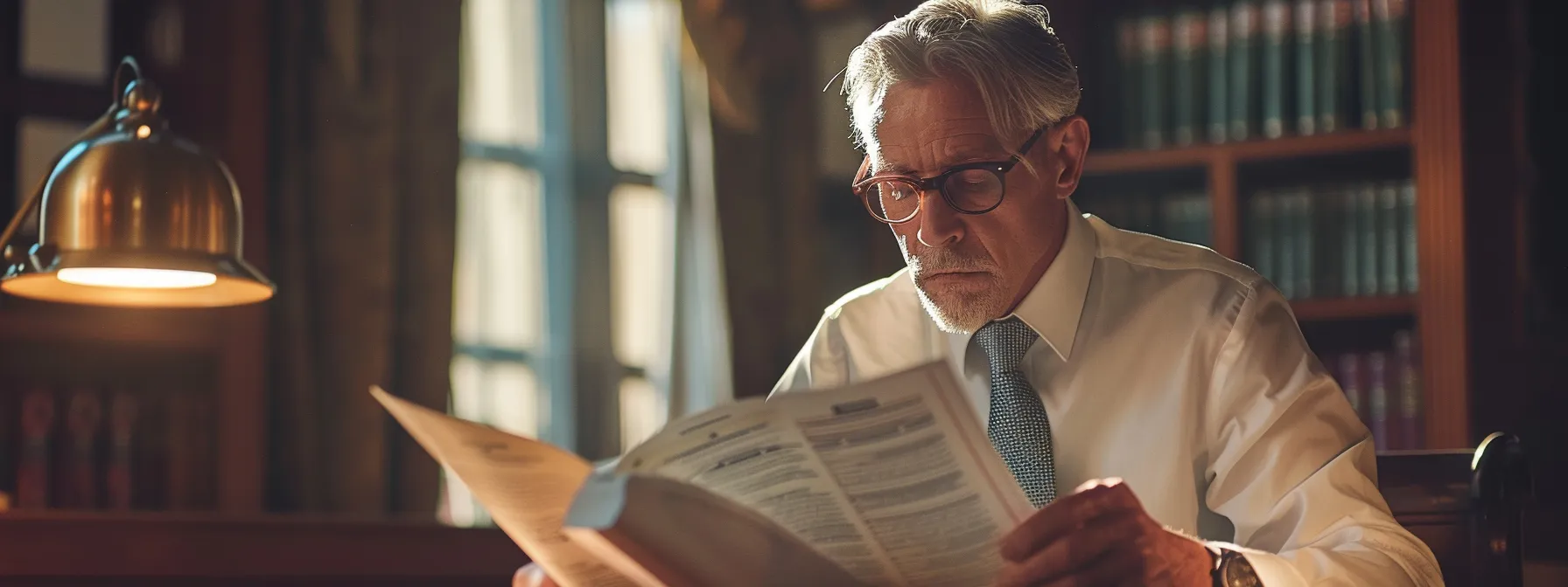 a focused, determined lawyer reviewing car accident cases and legal documents in a well-lit office.