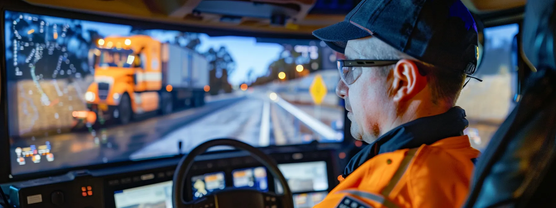 a truck driver attentively watching an interactive safety training session on a computer screen.