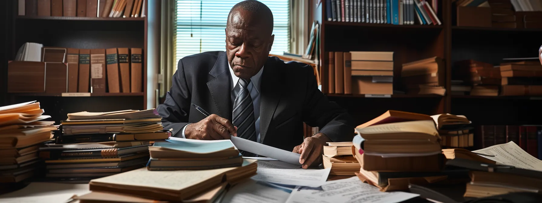 a determined attorney poring over legal documents, surrounded by stacks of papers and law books, preparing a case against a big trucking company.